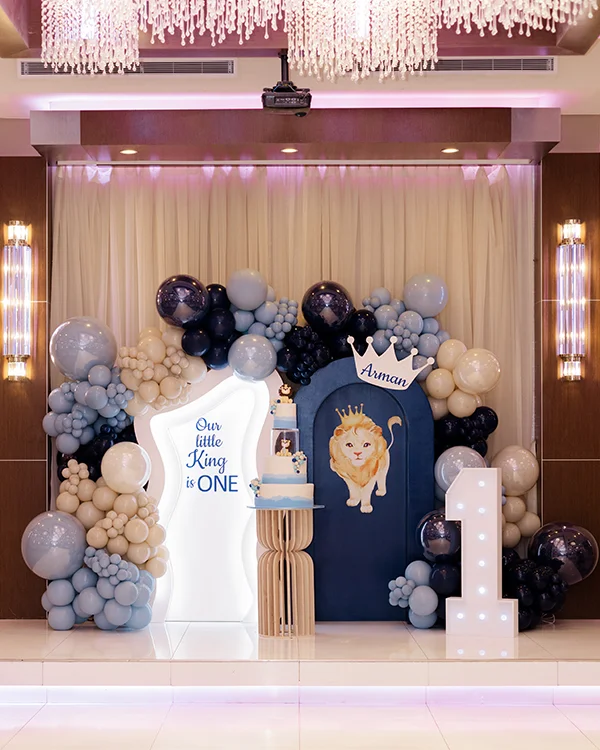 Arman's Little King 1st birthday balloon setup at Metropol Event Venue Glendale