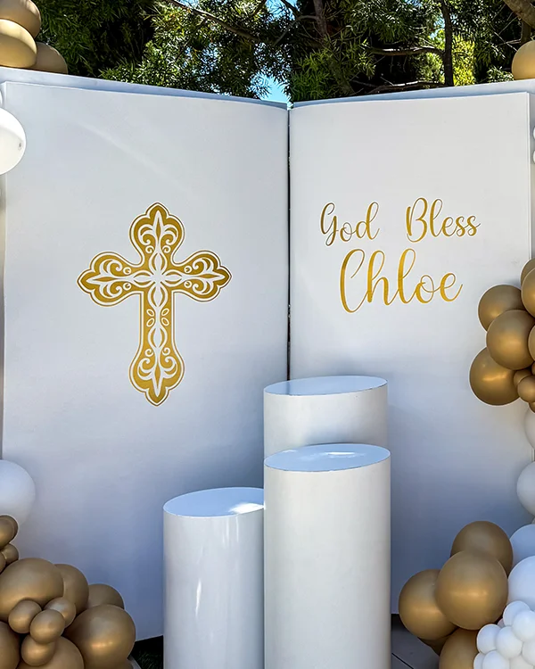 Chloe's Baptism — God Bless — Baptism balloon decor detail Westwood