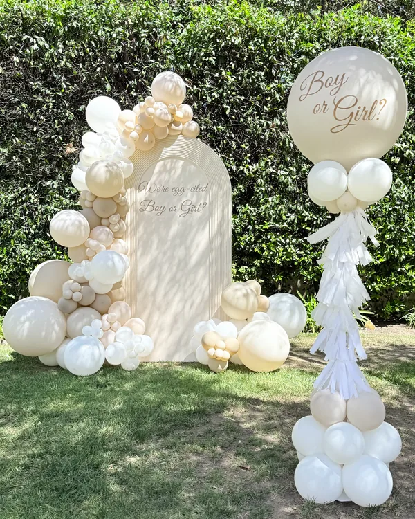 Elegant Neutral Gender Reveal in La Cañada Flintridge — Gender Reveal balloon decor detail La Cañada Flintridge