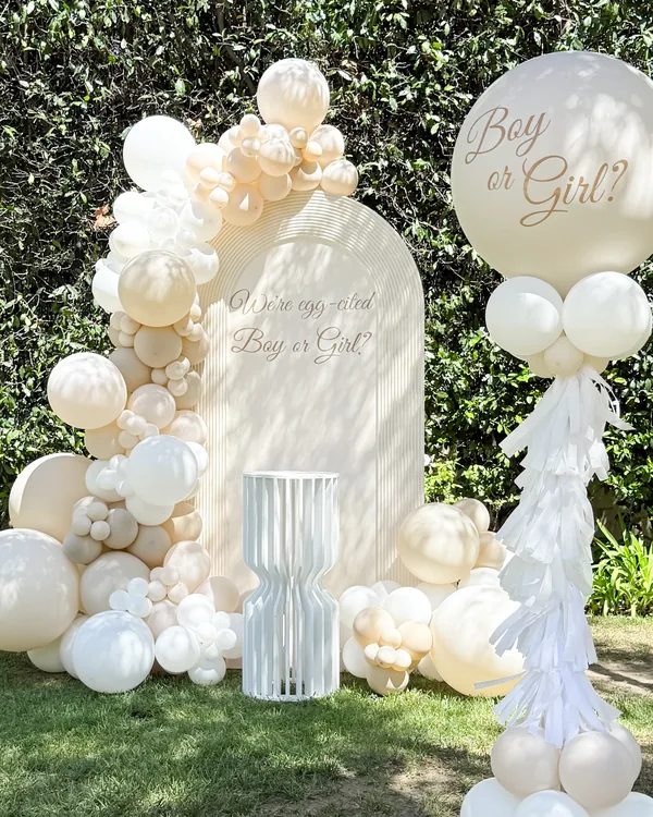 Elegant Neutral Gender Reveal in La Cañada Flintridge — Gender Reveal balloon decor detail La Cañada Flintridge