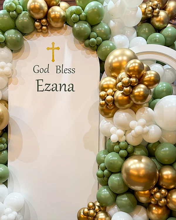 Ezana's Baptism — God Bless — Baptism balloon decor detail Mid-Wilshire