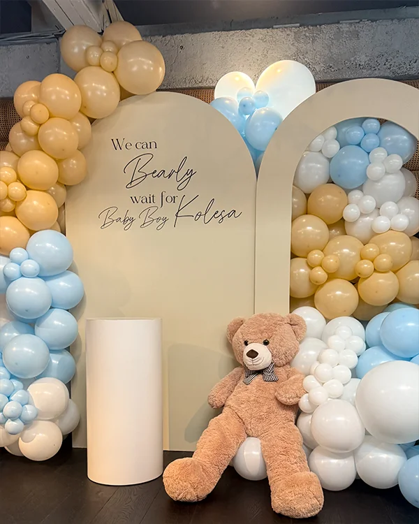 Baby Kolesa shower balloon backdrop at Crustacean Beverly Hills