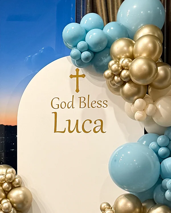 God Bless Luca — Baptism balloon decor detail Burbank