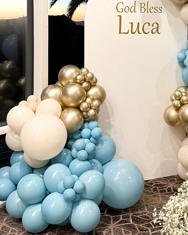 God Bless Luca — Baptism balloon decor detail Burbank
