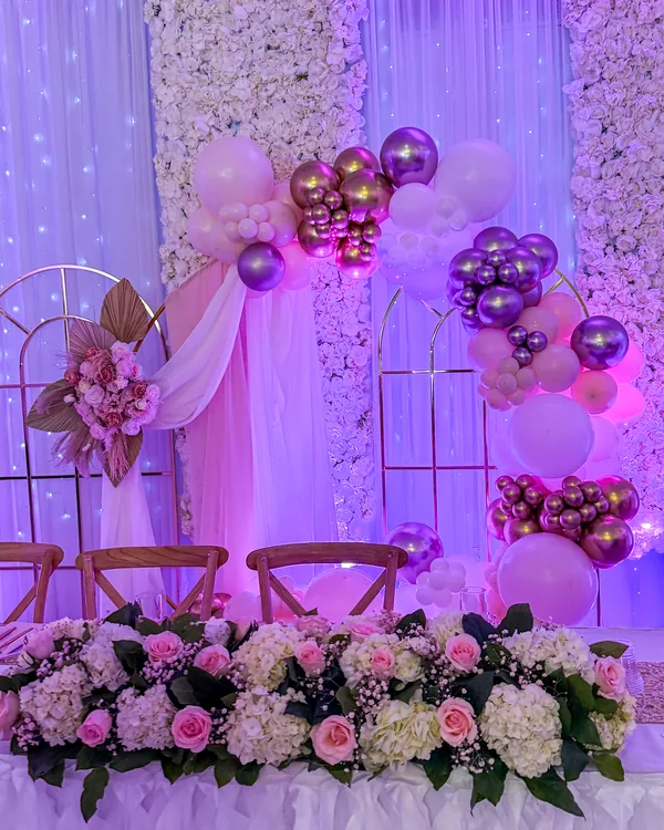 Nancy's Quinceañera at The Farmhouse Banquet Hall — Quinceañera balloon decor detail Vernon