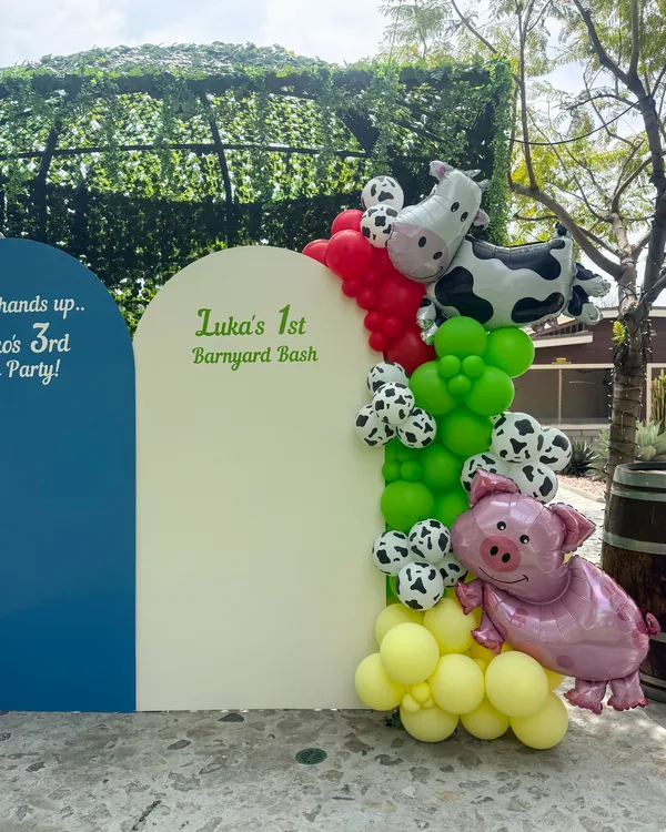 Niko & Luka's Birthday at GG's Ranch Sun Valley — Birthday backdrop and garland in Sun Valley