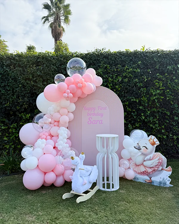 Sara's 1st Birthday — Swan Princess — Birthday balloon decor detail Arcadia