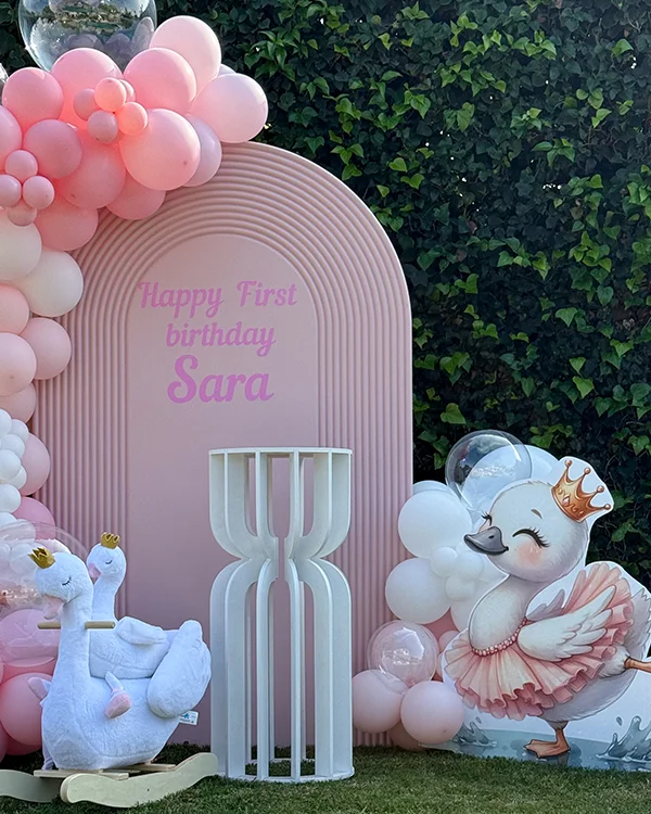 Sara's 1st Birthday — Swan Princess — Birthday balloon decor detail Arcadia
