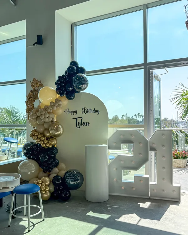 Tylan's 21st birthday balloon decor at Bitter Root Pottery Marina del Rey